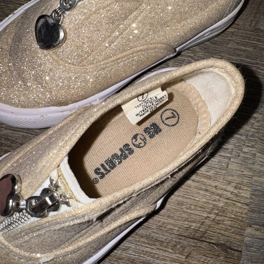 US Sports Girls Glitter Sneakers Toddler Size 7 Gold Zip Heart Slip On Shoes